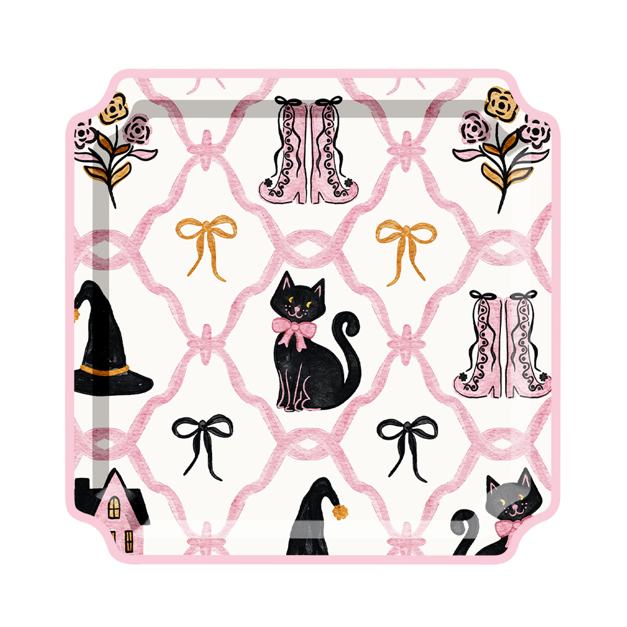 Halloween Theme Square Pink Black Cat Dinner plate