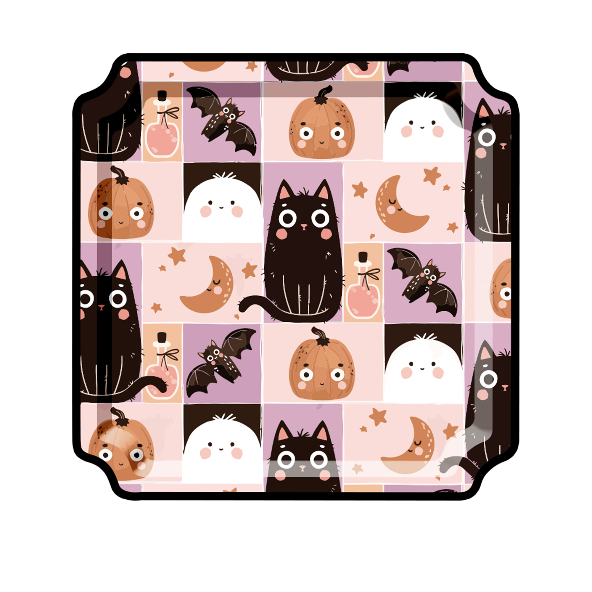 Halloween Square Cat plaid Dinner Plate