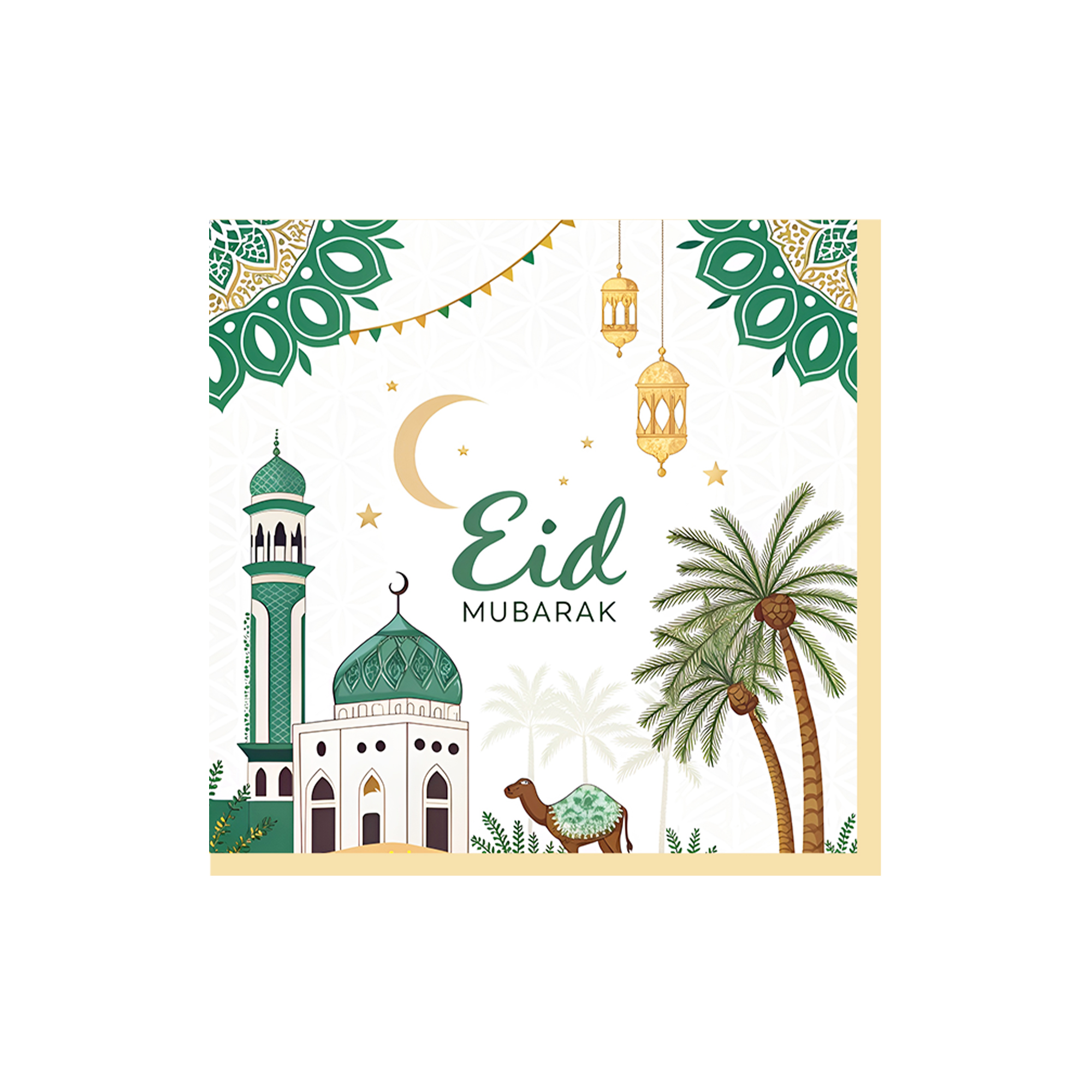 Eid Theme White Background Green Mosque and Date Palms Pattern Napkin