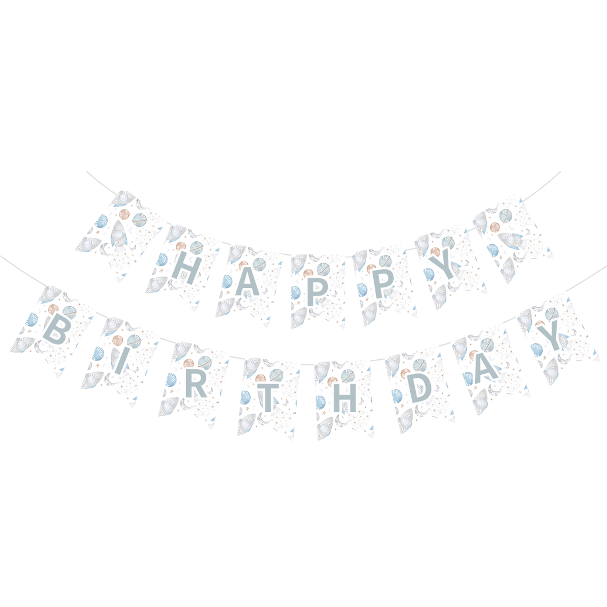 Space Theme White and Light Gray Happy Birthday Paper Banner