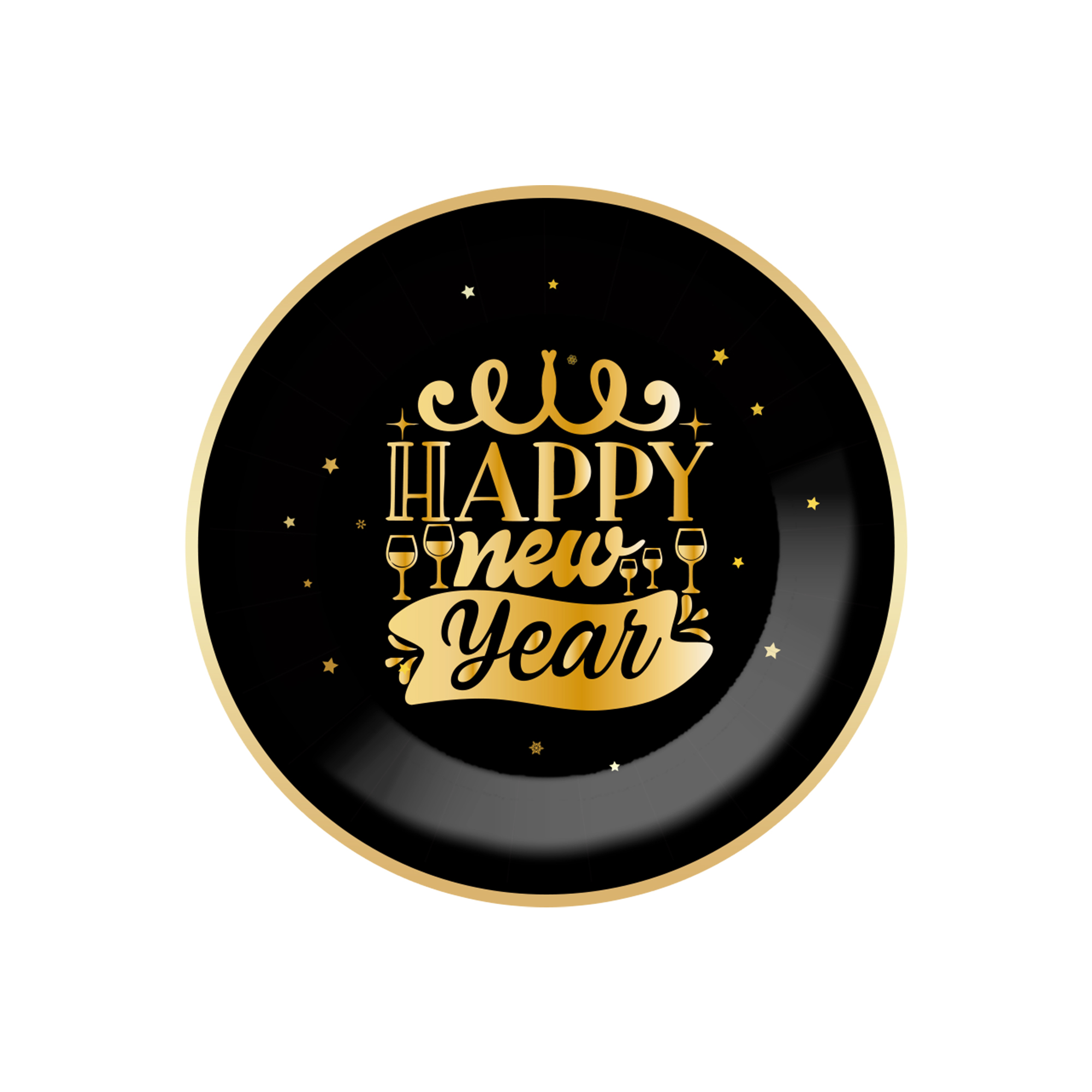 Happy New Year Black Gold Champagne Glass Dinner Plate