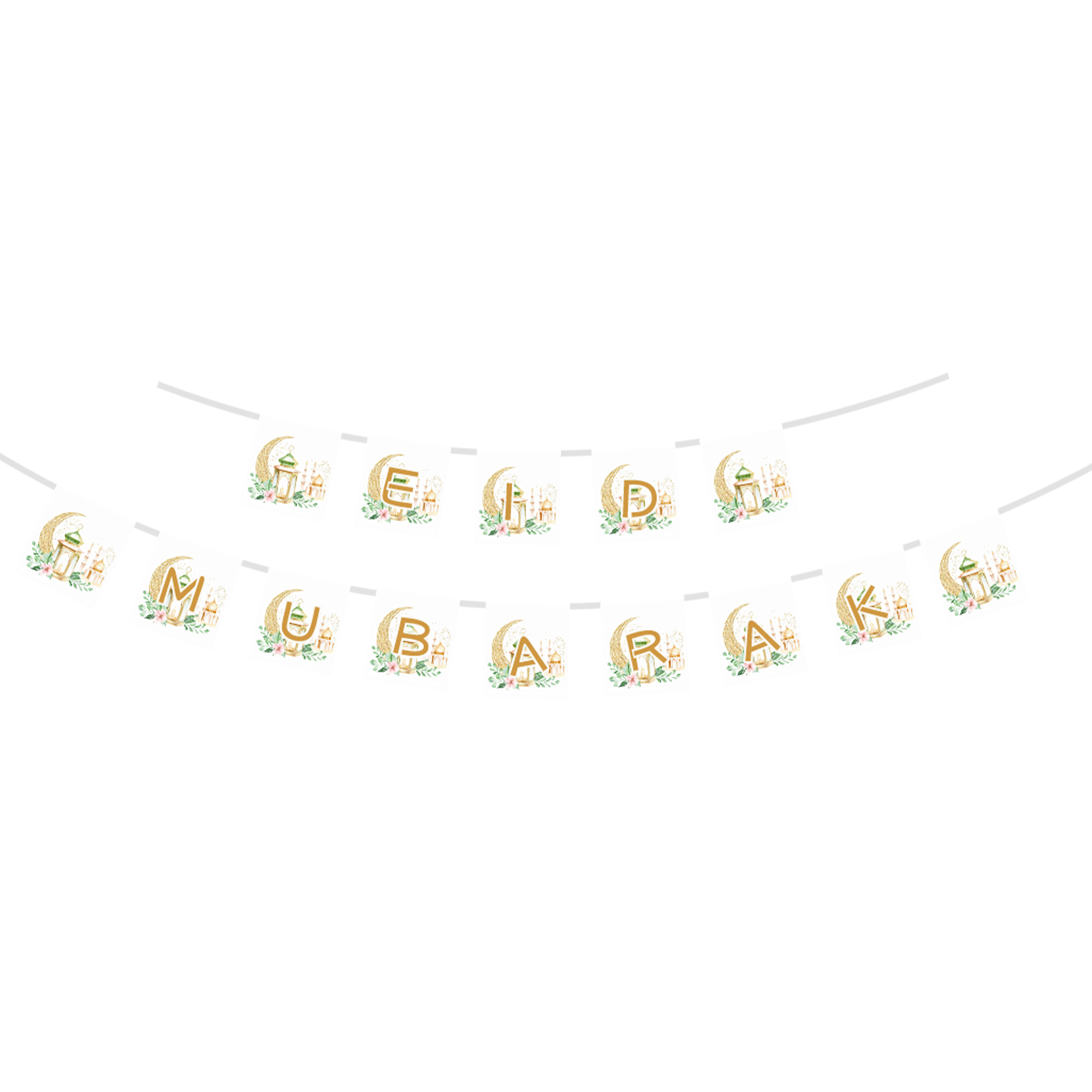 Ramadan Theme Mosque with Green Leaves Pattern Paper Banner