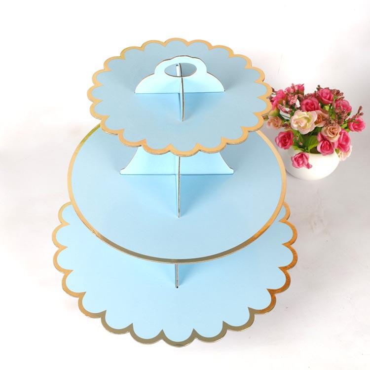 Sky Blue Lace-trimmed Gold-stamped Three-layer Cake Stand
