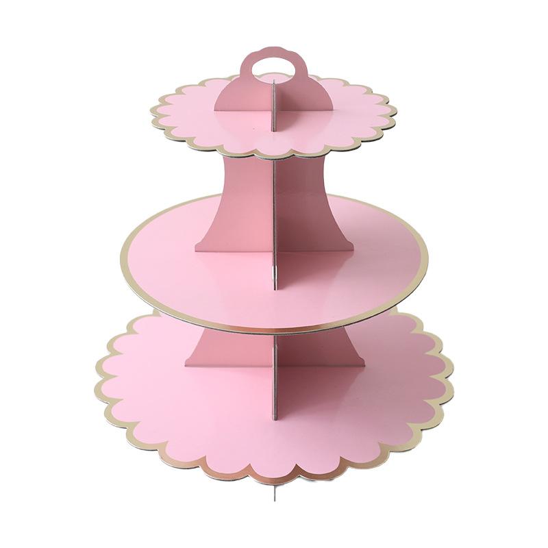 Pink Lace-trimmed Gold-stamped Three-layer Cake Stand