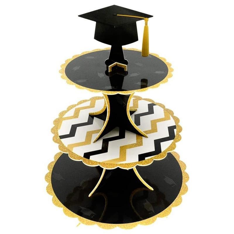 Graduation Theme Black&White Graduation Gown Design Three-layer Cake Stand