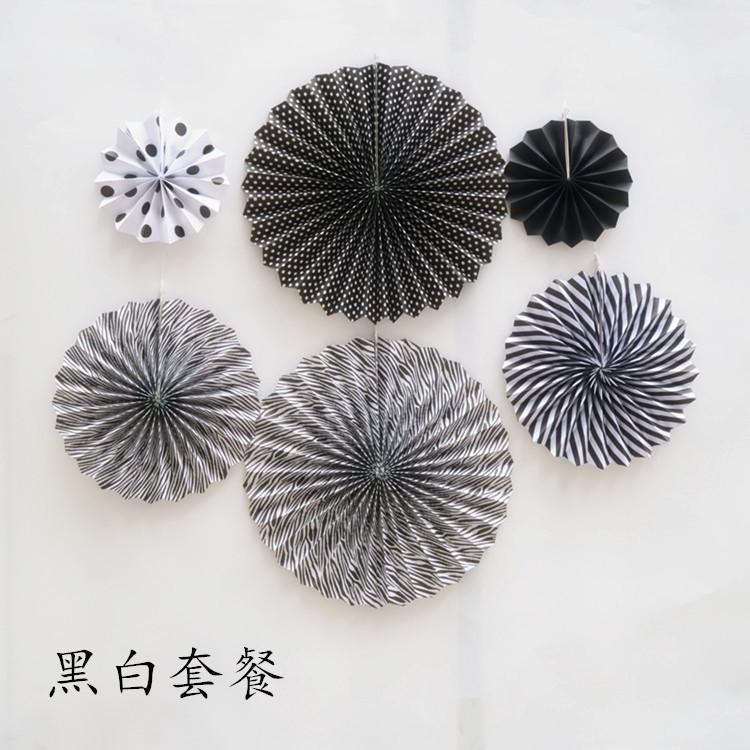 Double Designs Black and White Openwork 6pcs Set Paper Flower Fan