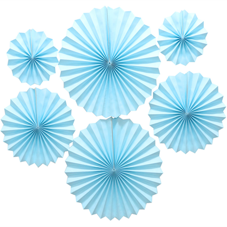 Solid Color Light Blue Openwork 6pcs Set Paper Flower Fan