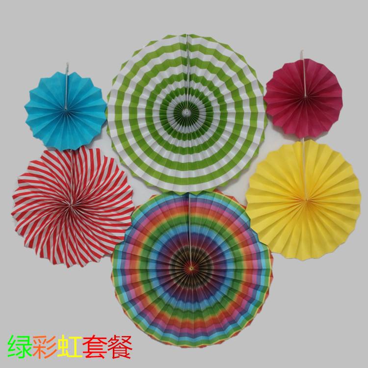 Green Rainbow Openwork 6pcs Set Paper Flower Fan
