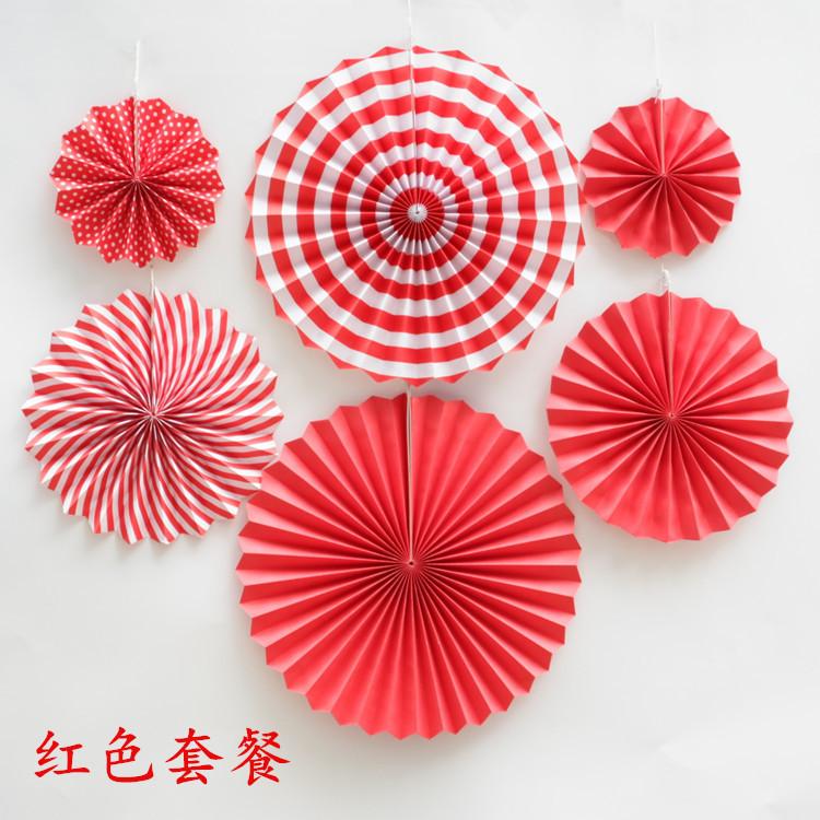 Double Designs Red Openwork 6pcs Set Paper Flower Fan