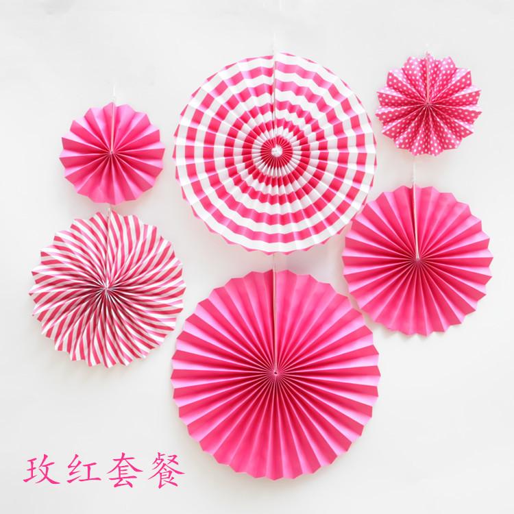Double Designs Hot Pink Openwork 6pcs Set Paper Flower Fan