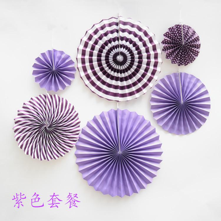 Double Designs Purple Openwork 6pcs Set Paper Flower Fan
