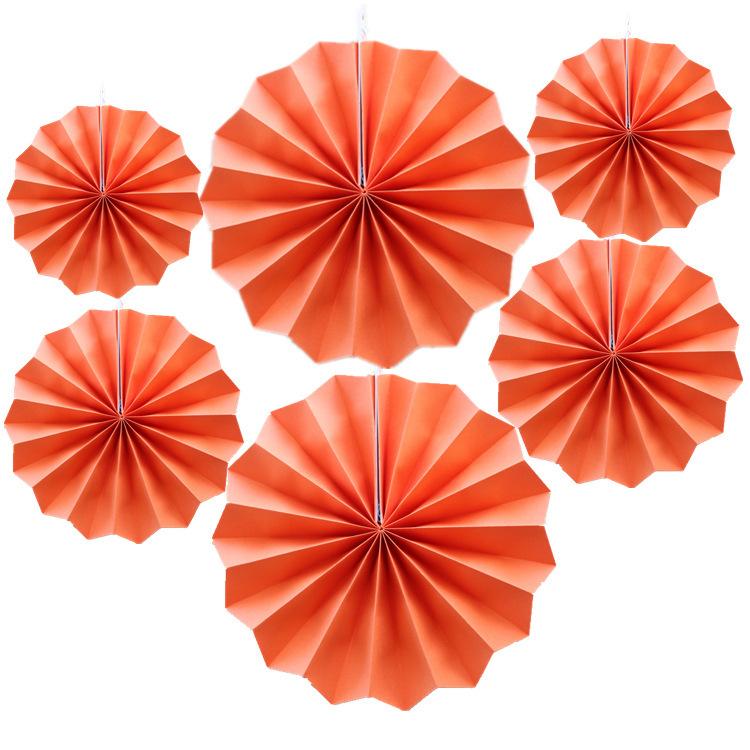 Solid Color Orange Openwork 6pcs Set Paper Flower Fan