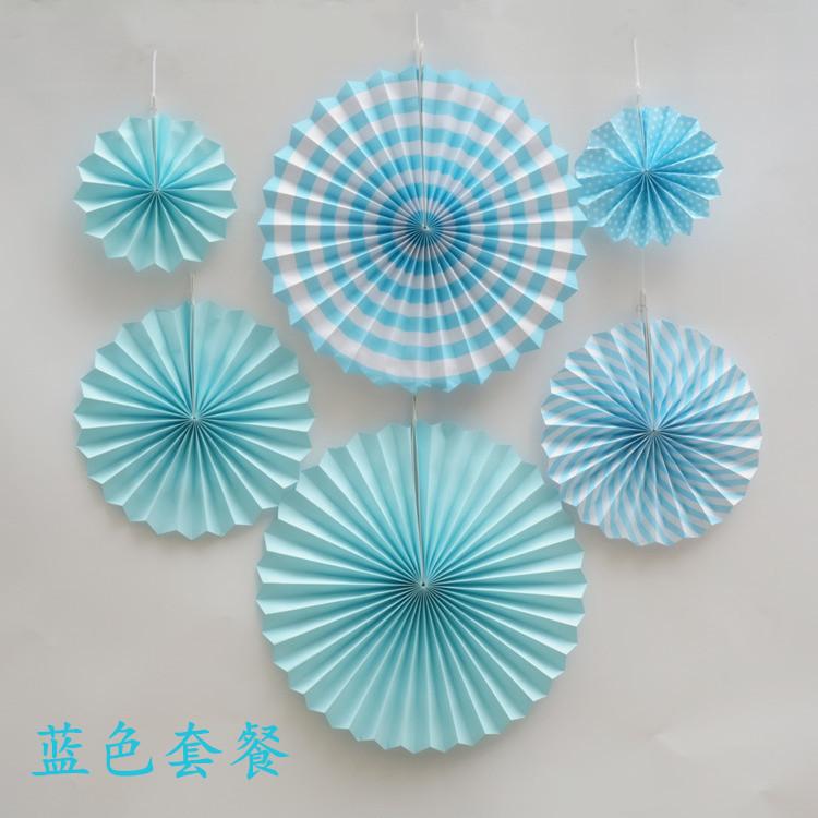 Double Designs Light Blue Openwork 6pcs Set Paper Flower Fan