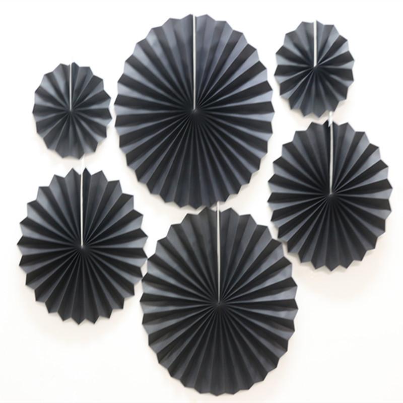 Solid Color Black Openwork 6pcs Set Paper Flower Fan