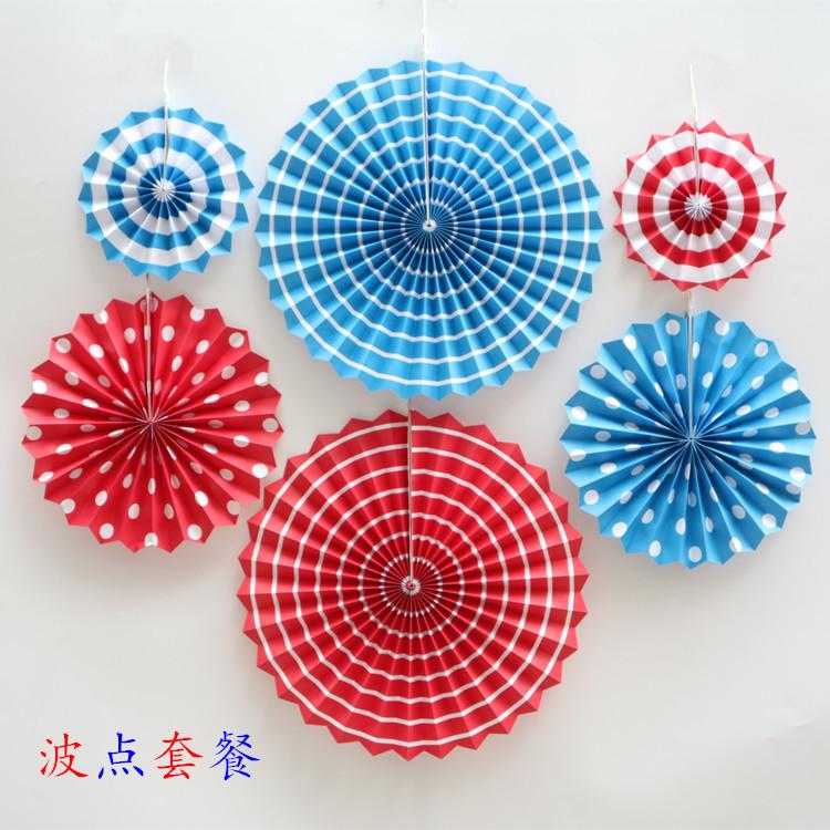 Colorful Red and Blue Openwork 6pcs Set Paper Flower Fan