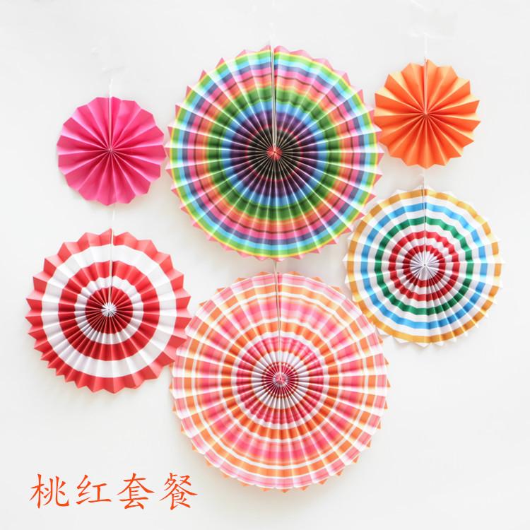 Diverse Designs Red and Pink Openwork 6pcs Set Paper Flower Fan