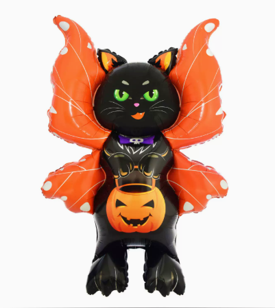 Halloween Theme Standing Winged Pumpkin Black Cat Shape Foil Balloon