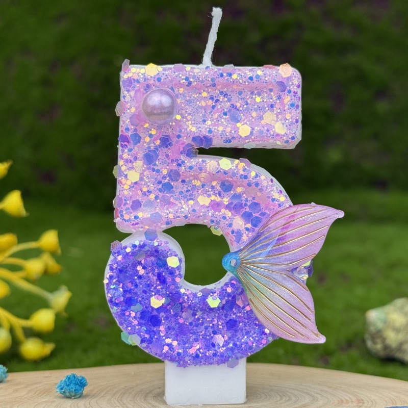 Purple Mermaid Glitter Number Birthday Candles for Party Decoration