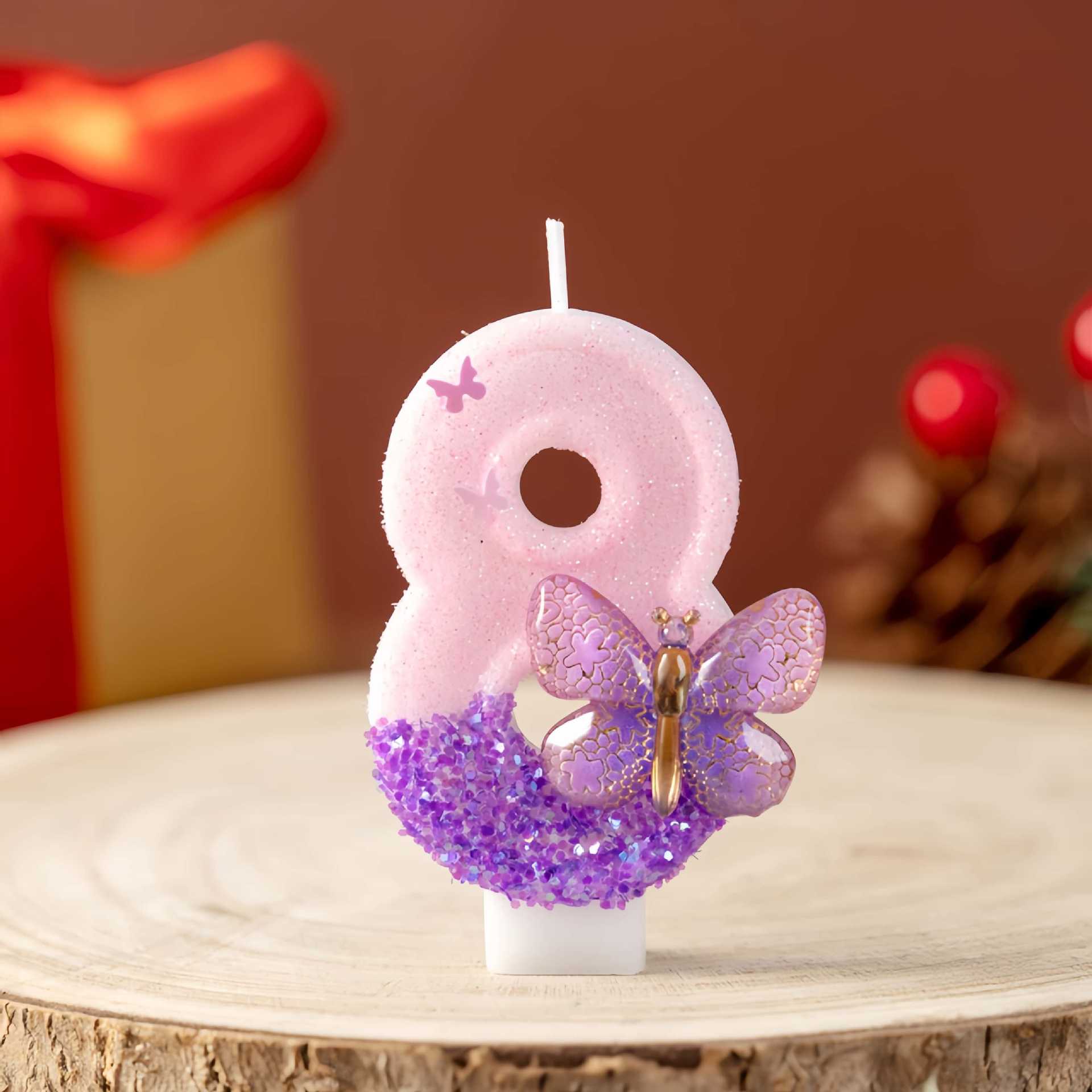 Purple Butterfly Glitter Number Birthday Candles for Party Decoration