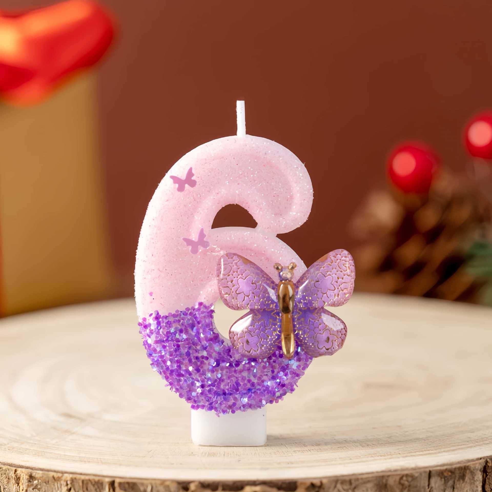 Purple Butterfly Glitter Number Birthday Candles for Party Decoration