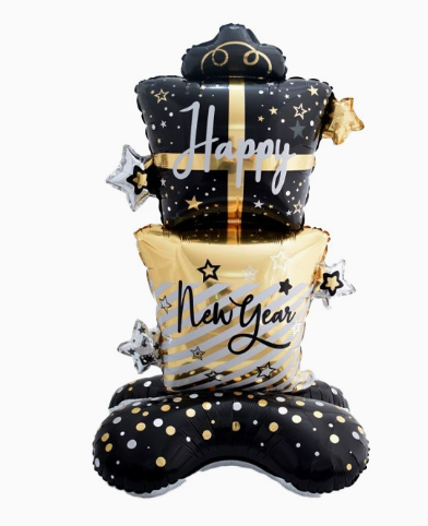 Standing Black and Gold Birthday Gift Box Shape Foil Balloon