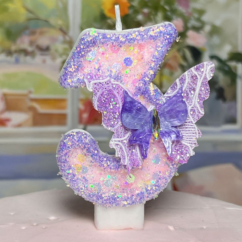 Purple Butterfly Glitter Number Birthday Candles for Party Decoration