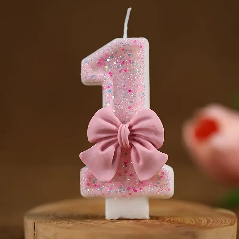 Bowknot Pink Glitter Number Birthday Candles for Party Decoration
