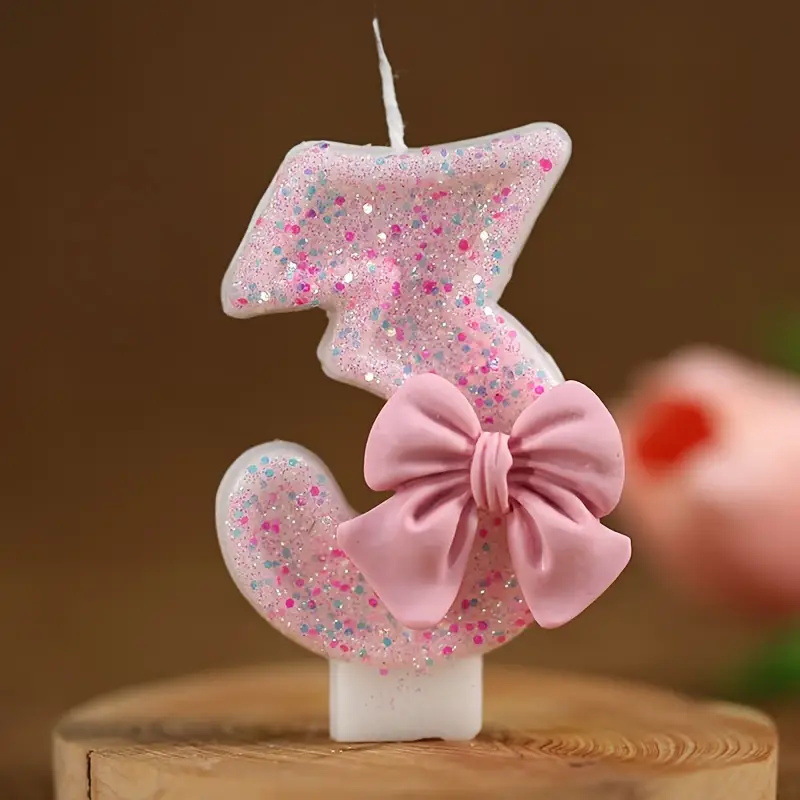 Bowknot Pink Glitter Number Birthday Candles for Party Decoration