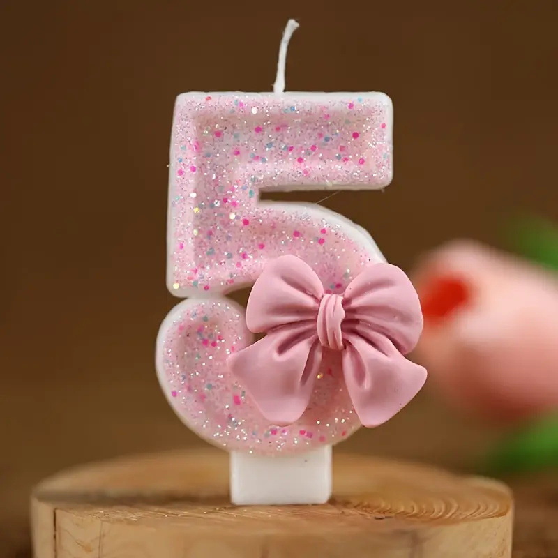 Bowknot Pink Glitter Number Birthday Candles for Party Decoration