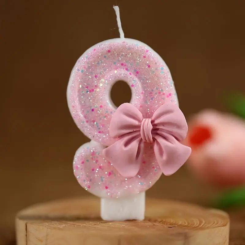 Bowknot Pink Glitter Number Birthday Candles for Party Decoration