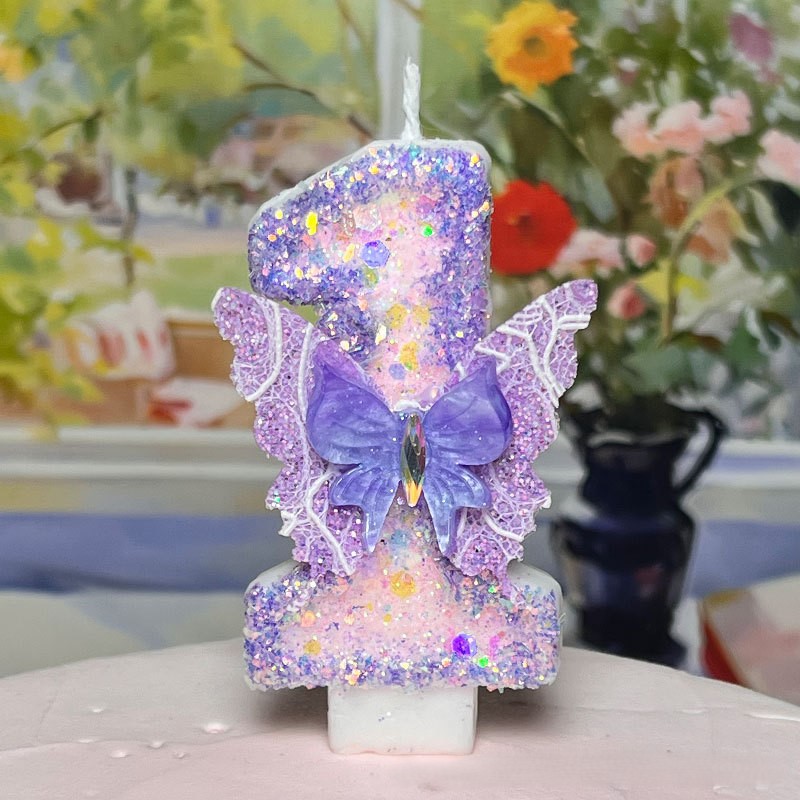 Purple Butterfly Glitter Number Birthday Candles for Party Decoration