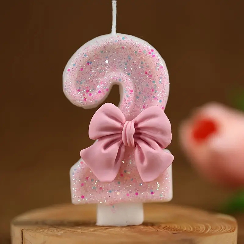 Bowknot Pink Glitter Number Birthday Candles for Party Decoration