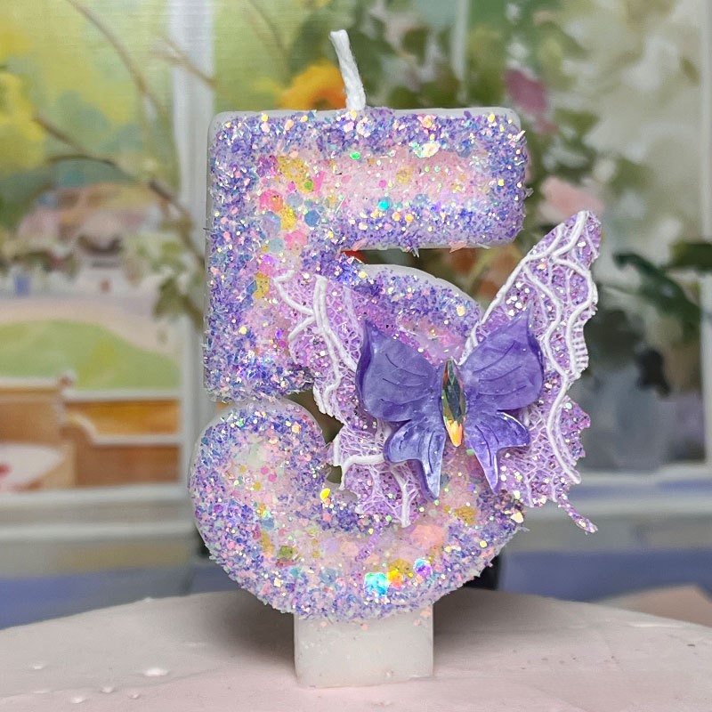 Purple Butterfly Glitter Number Birthday Candles for Party Decoration