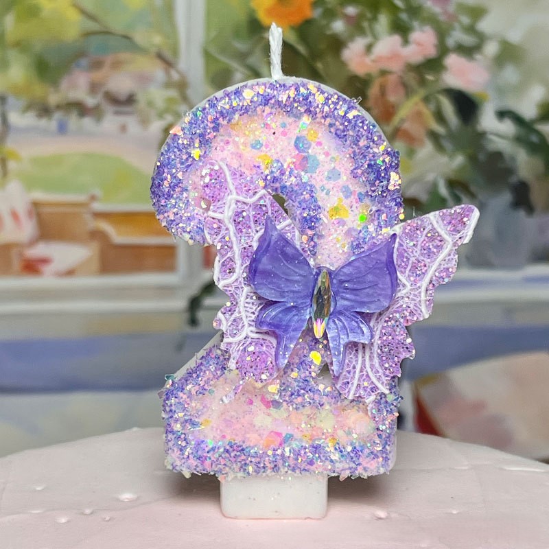 Purple Butterfly Glitter Number Birthday Candles for Party Decoration