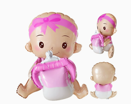 Baby Girl Holding Milk Bottle Shaped Foil Balloon