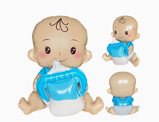 Baby Boy Holding Milk Bottle Shaped Foil Balloon