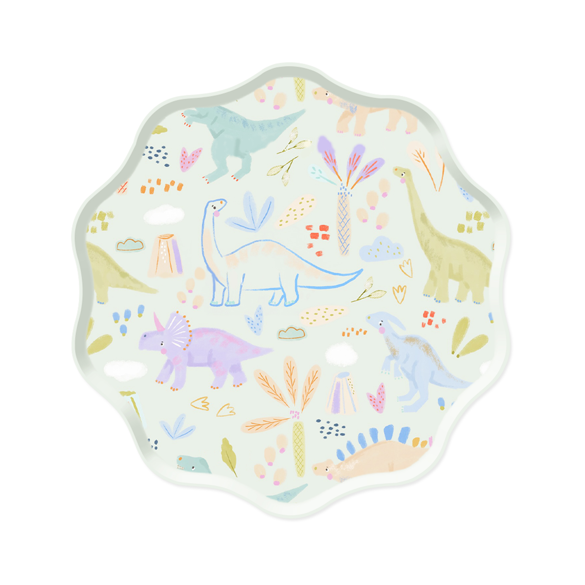 Dinosaur Theme Light Green Wave Edge Dinner Plate