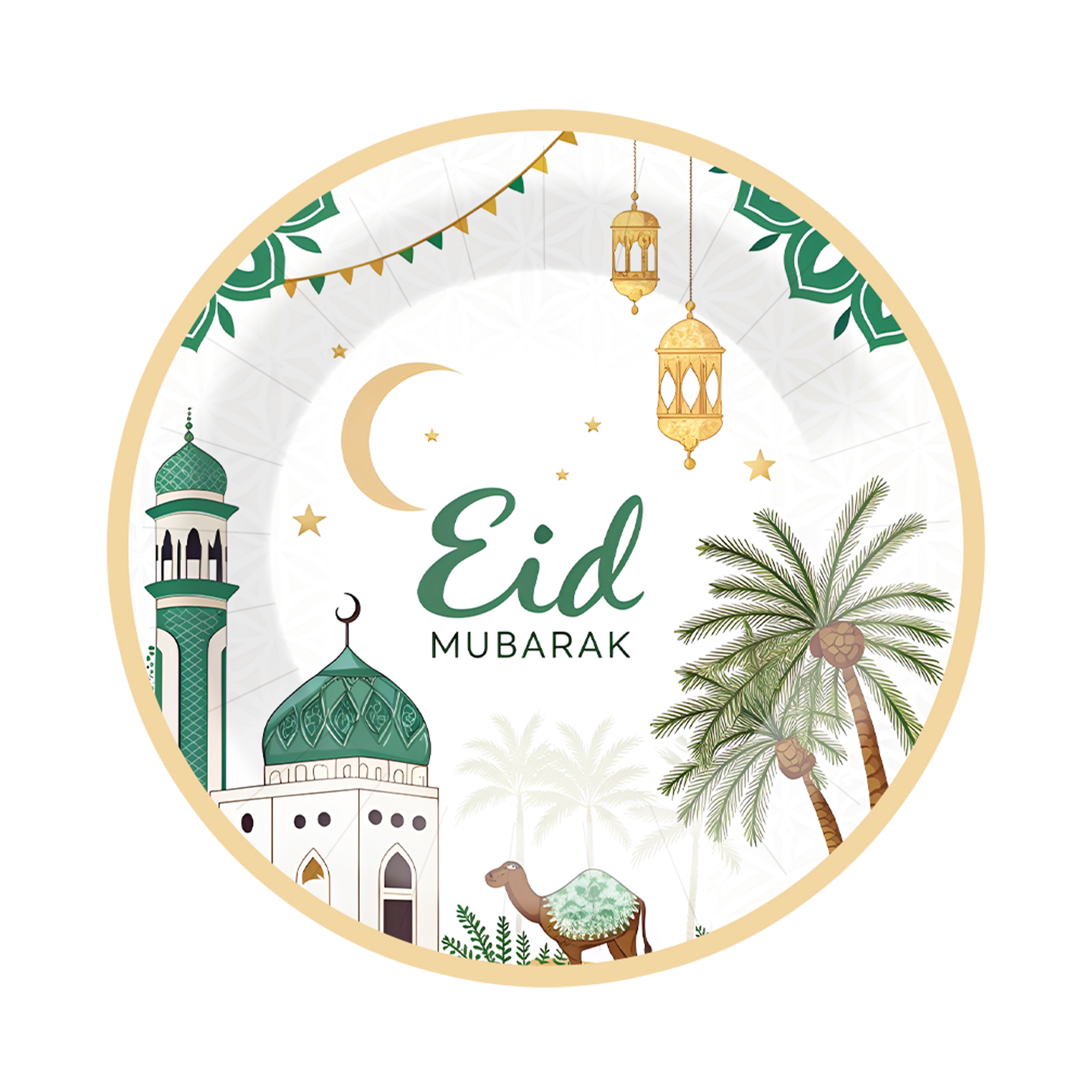 Eid Theme White Background Green Mosque and Date Palms Pattern 9 inch Plate