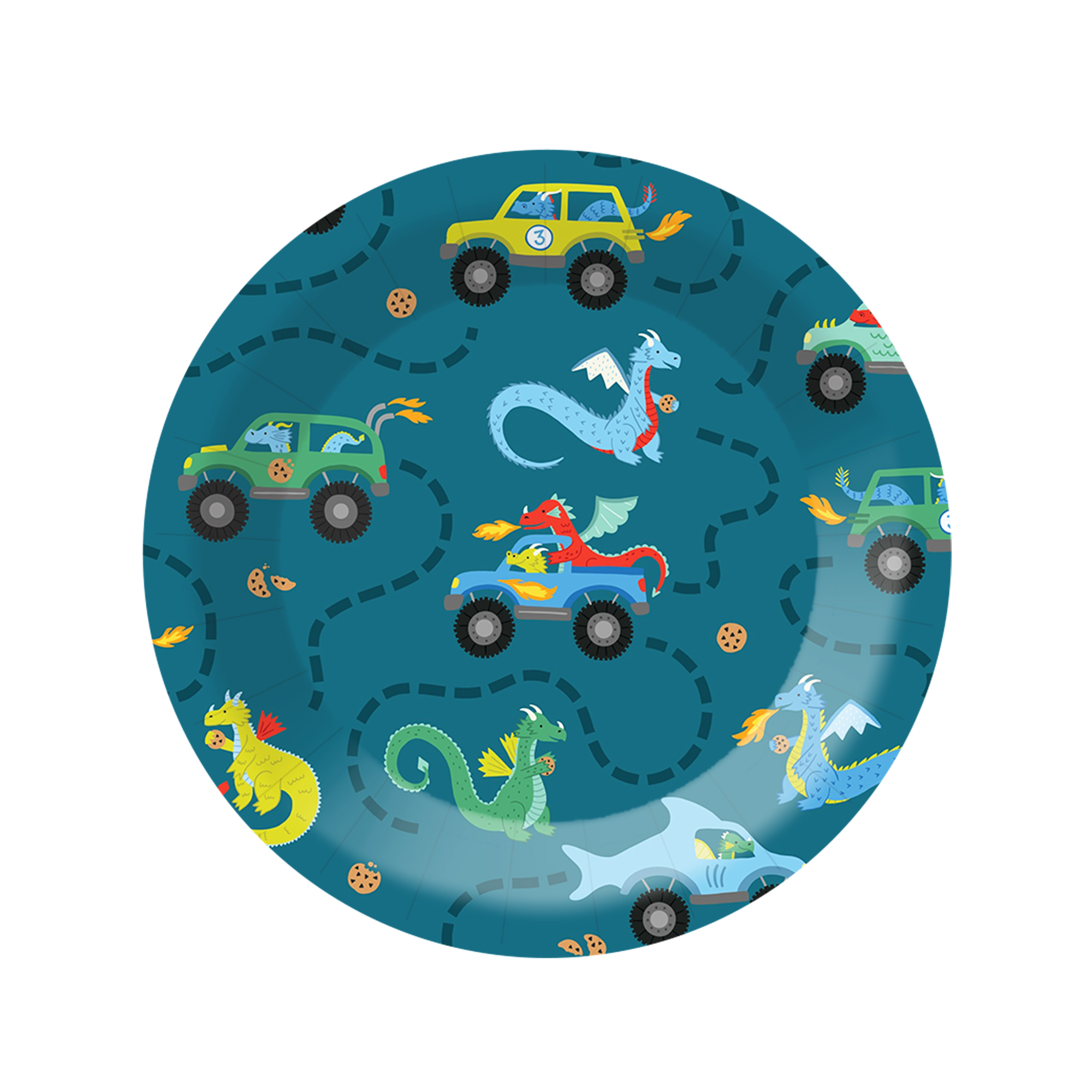Kids Theme Dark Green Background Traffic Jam Pattern 9 inch Plate