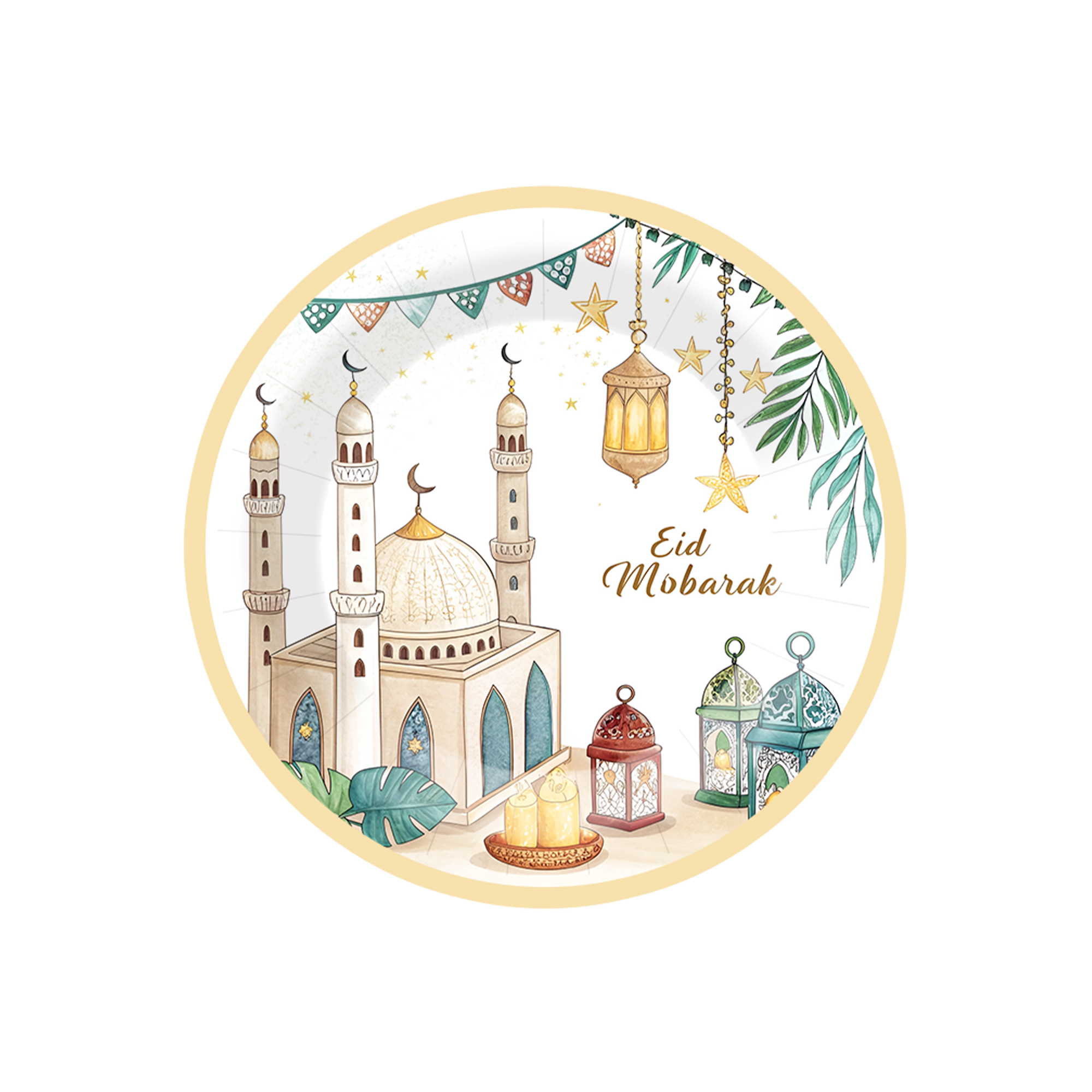 Eid Theme White Background Green Mosque 7 inch Plate