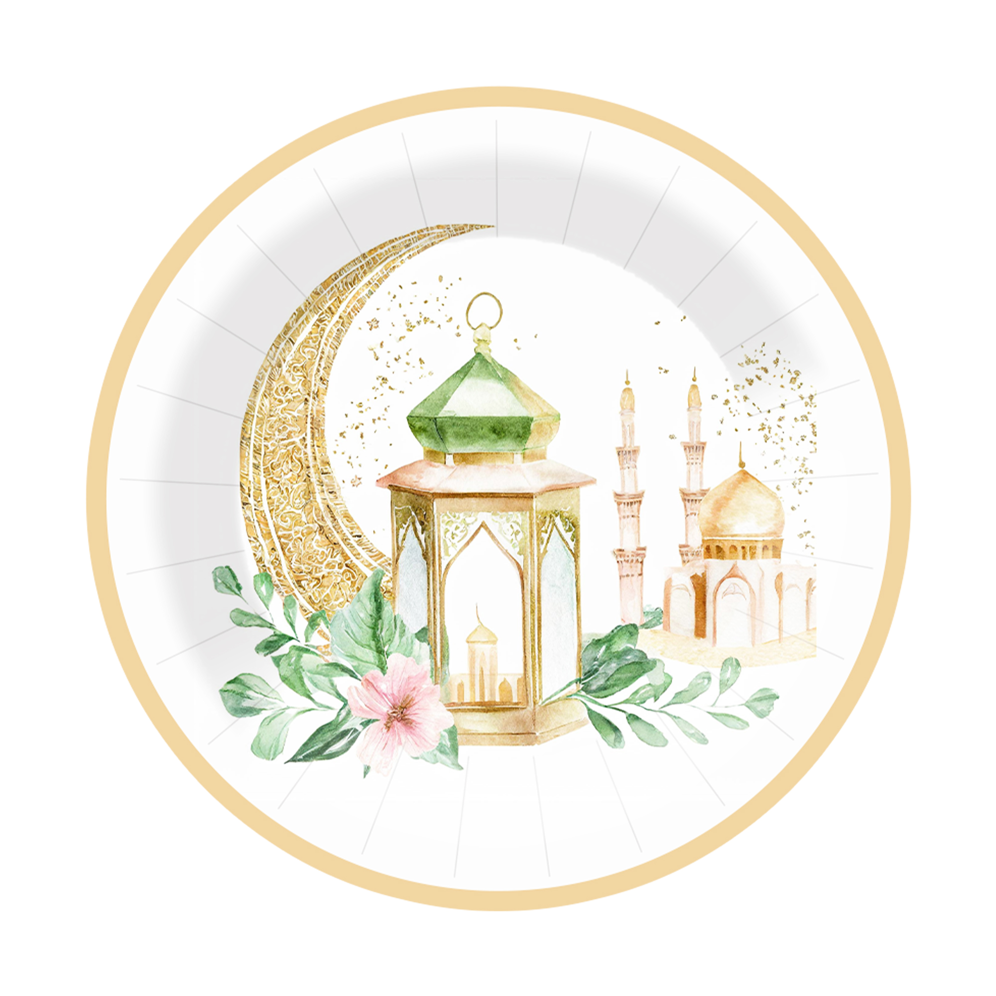 Eid Theme White Background Moon&Lantern Pattern 9 inch Plate