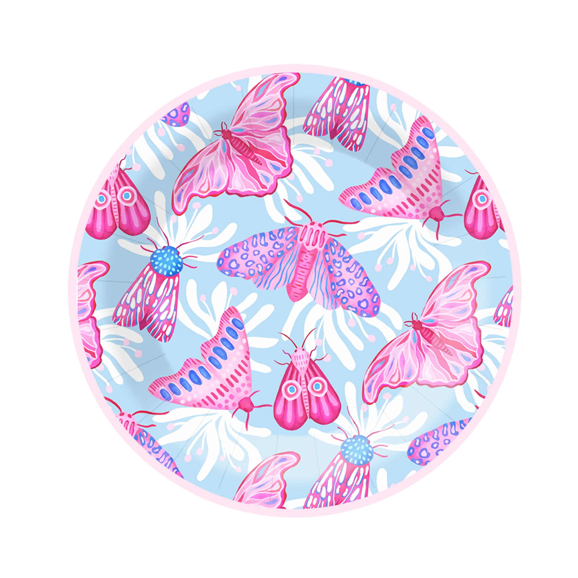 Summer Theme Light Blue Background Hot Pink Butterfly Pattern 9 inch Plate