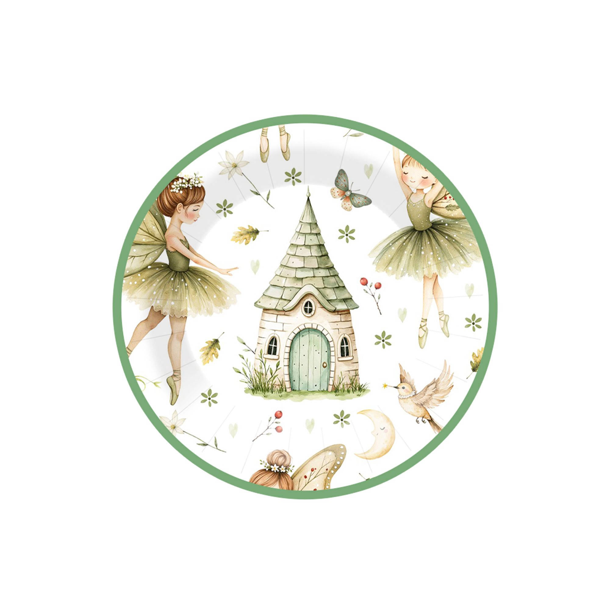 Kids Theme White Background Green Fairy&Castle Pattern 7 inch Plate