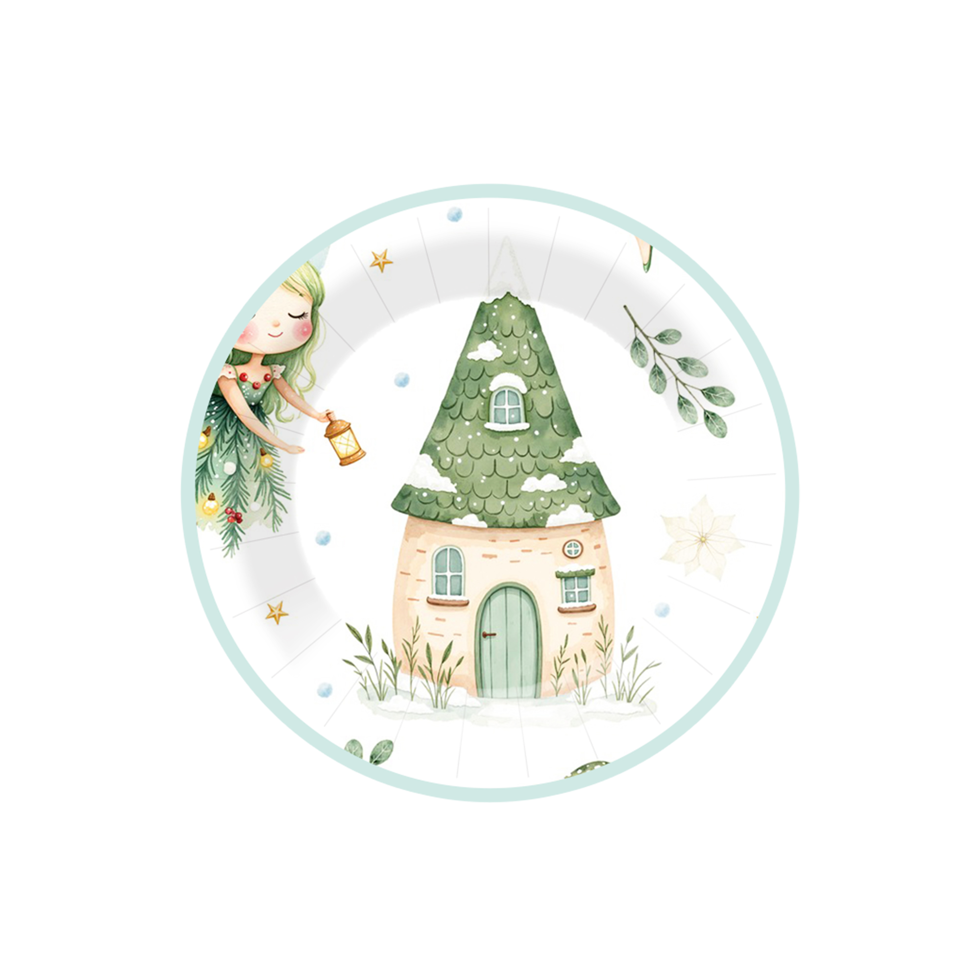 Kids Theme White Background Baby Green Fairy&Castle Pattern 7 inch Plate