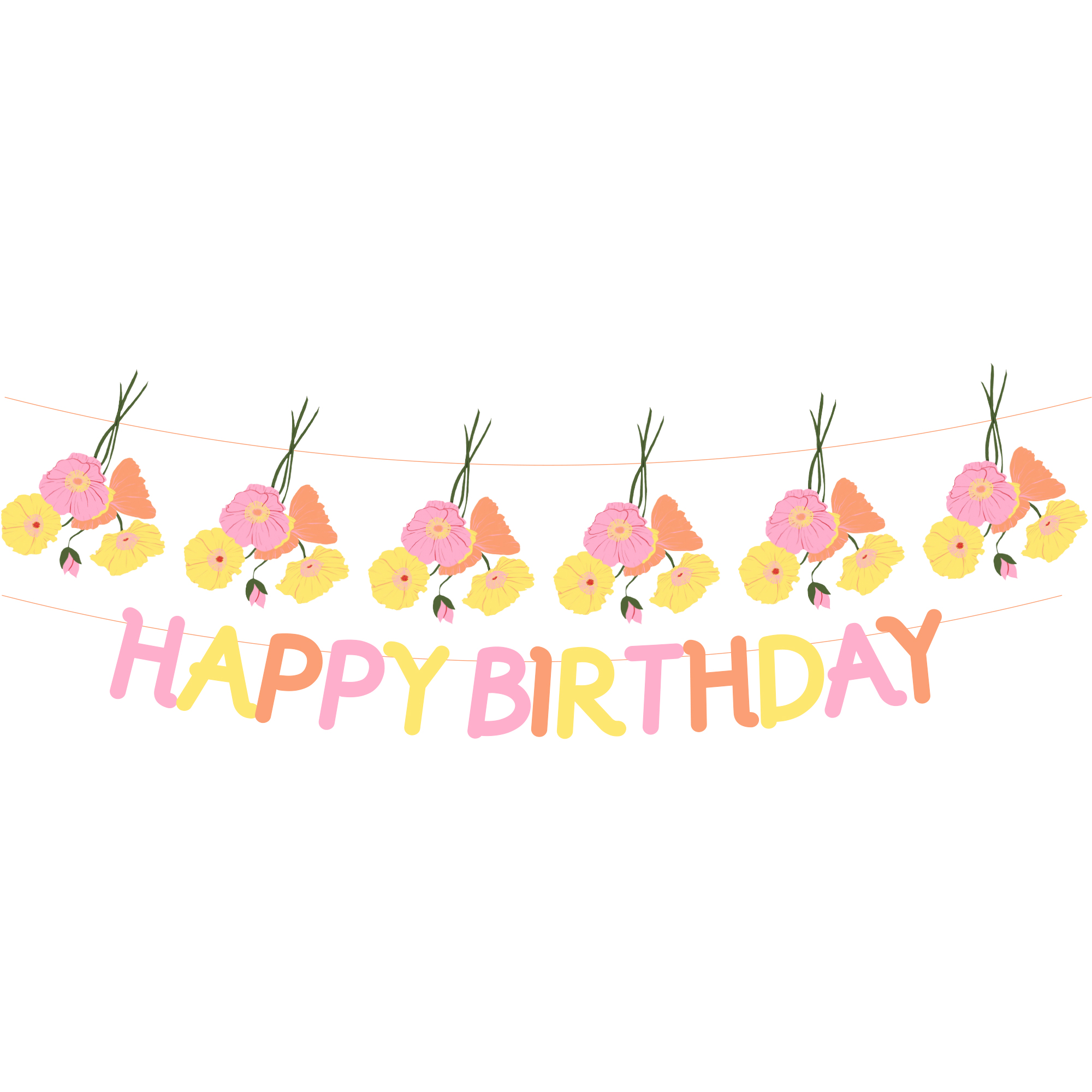 Floral Theme Yellow and Pink Flower Happy Birthday Paper Banner