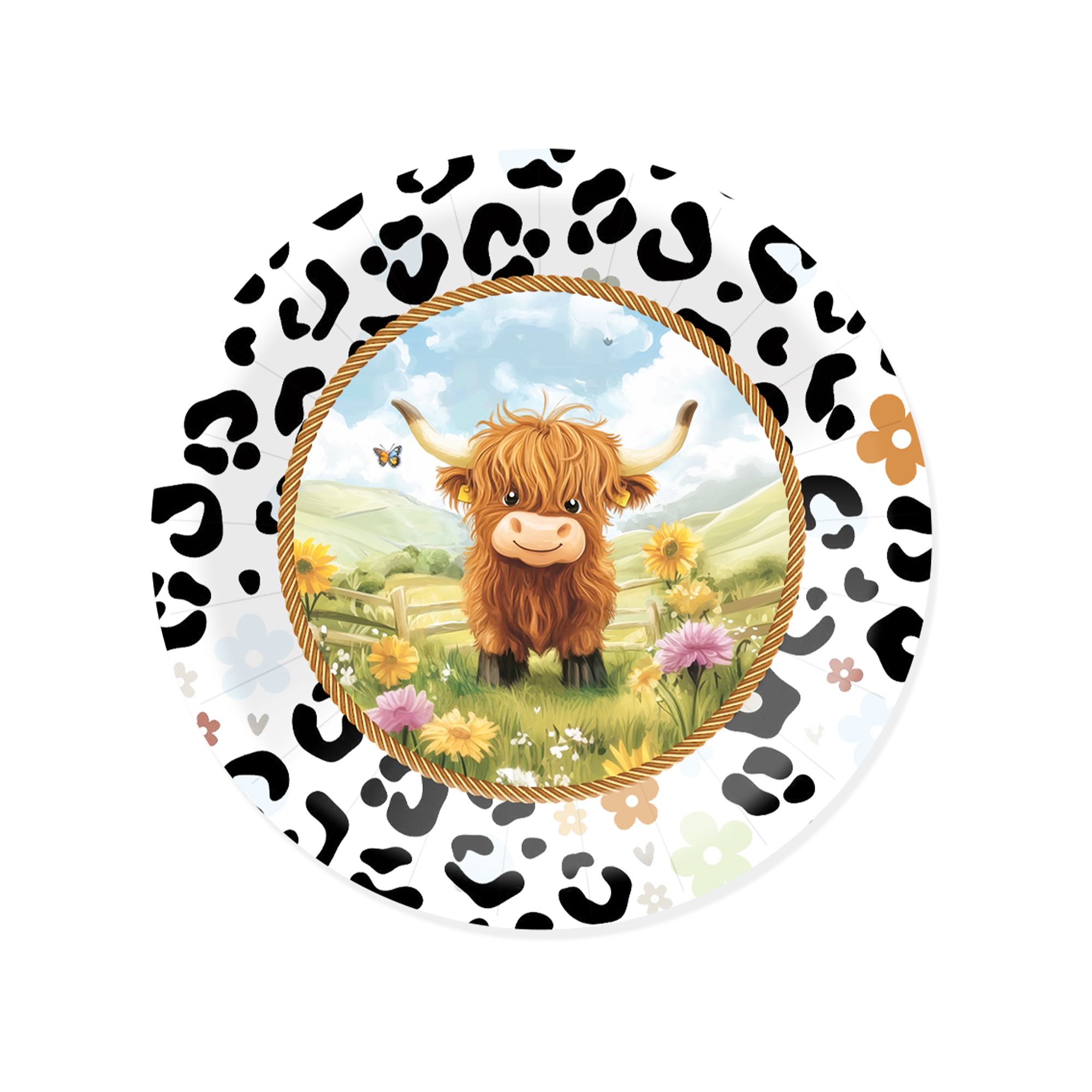 Farm Theme with Highland Cow Leopard Print Dinner Plate