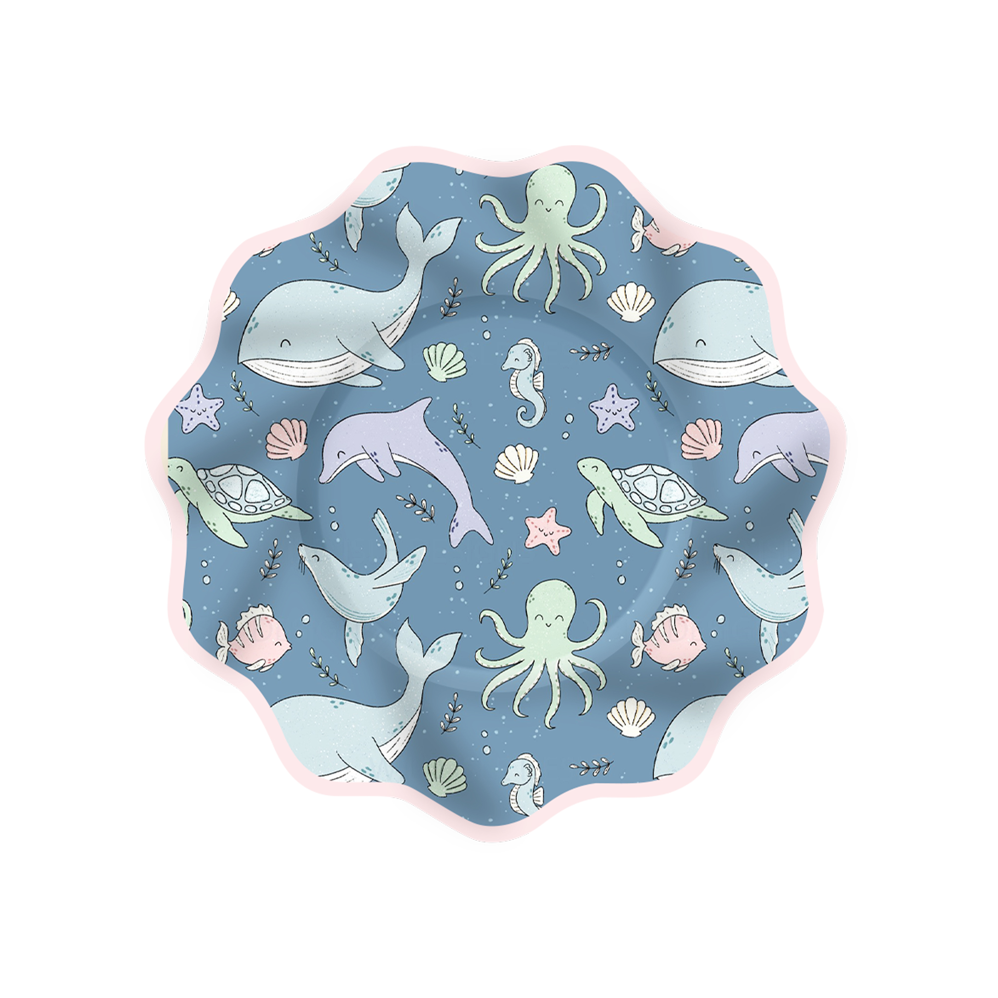 Animal Theme Blue Color Wave Edge Whale Seashell Dinner Plate