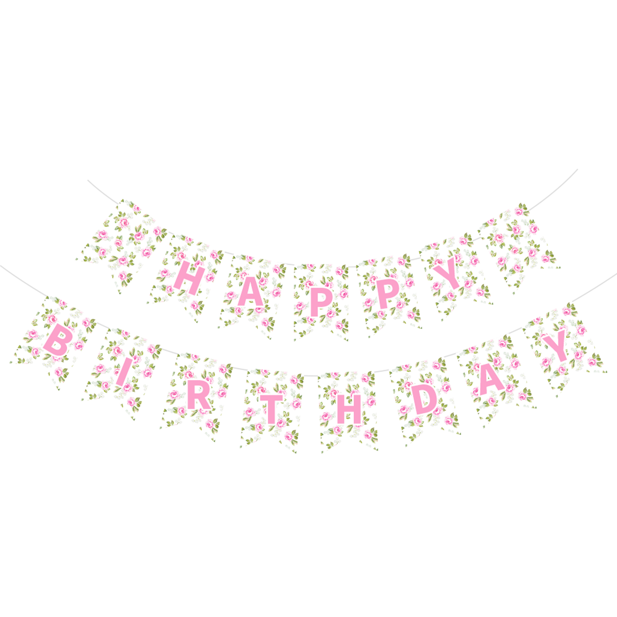 Floral Theme Pink Flower Happy Birthday Paper Banner