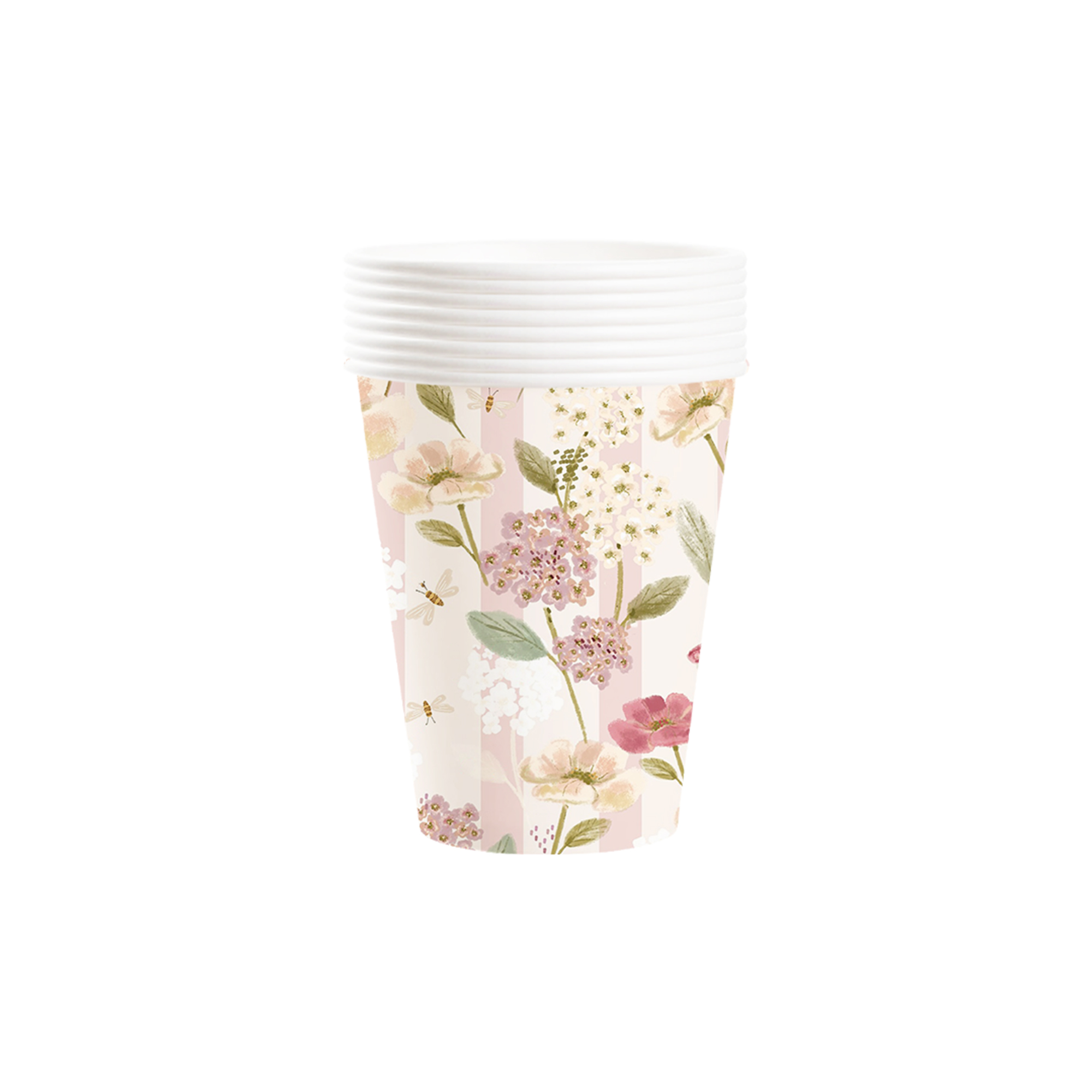 Floral Theme Light Pink and White Vertical Stripes Paper Cup