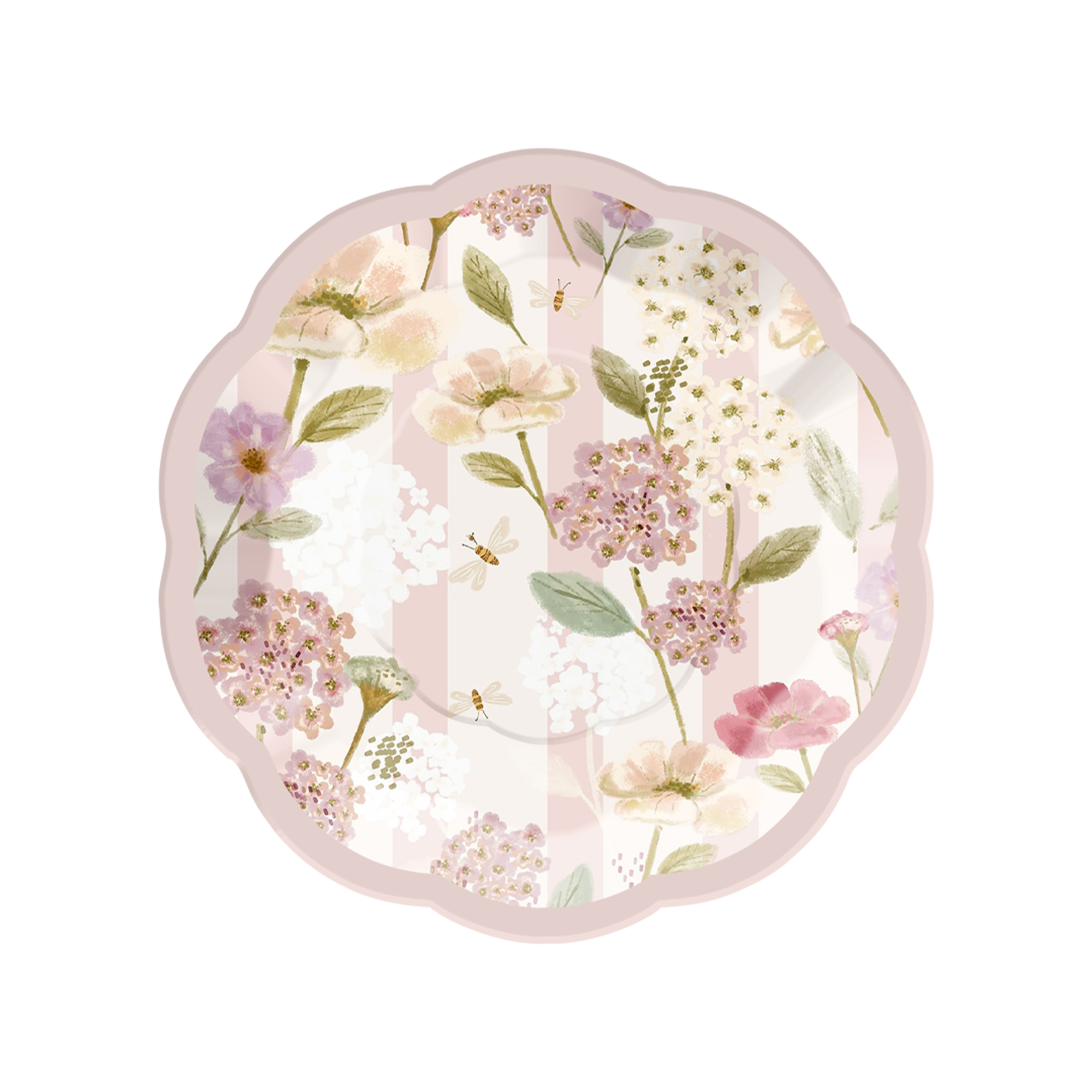 Floral Theme Light Pink and White Vertical Stripes Petal-shaped Wavy Edge Dinner Plate